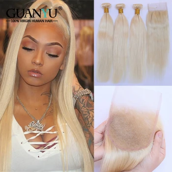

Guanyuhair Remy 613 Blonde Hair Bundles With 4x4 Lace Closure Straight Brazilian Human Hair Weave Free Part