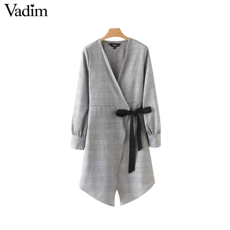 

Vadim women plaid wrap kimono dress cross V neck bow tie sashes Houndstooth female casual irregular chic dresses vestidos QA486