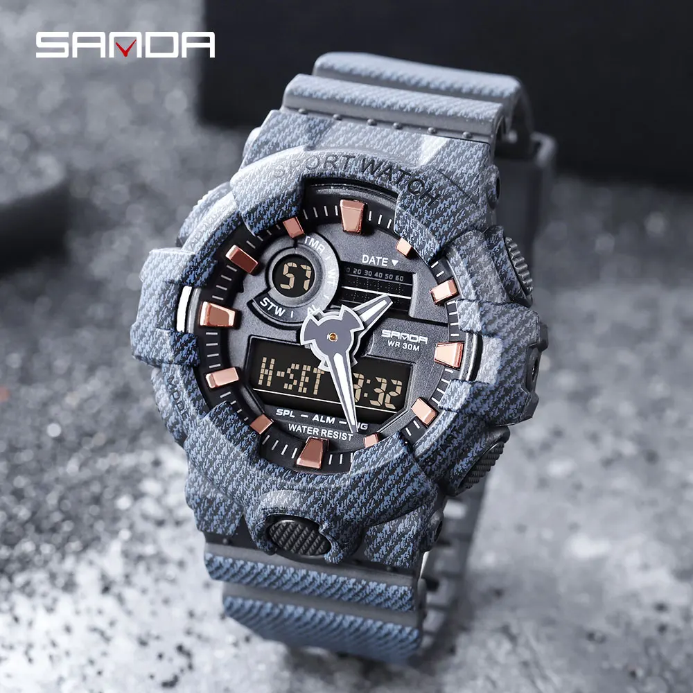 

SANDA Men Watch Military Sports Waterproof LED Denim Male Quartz Watch Dual Movement Men Digital Watches Relojes Hombre 2020