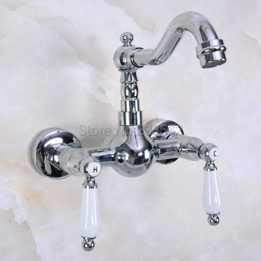 

Polished Chrome Brass Wall Mounted Double Ceramic Handles Bathroom Sink Faucet Mixer Tap Swivel Spout Lnf959