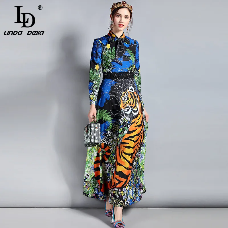 

LD LINDA DELLA Spring Fashion Designer Maxi Dress Women's Long Sleeve Bow Collar Floral Animal Print Long Vintage Dress