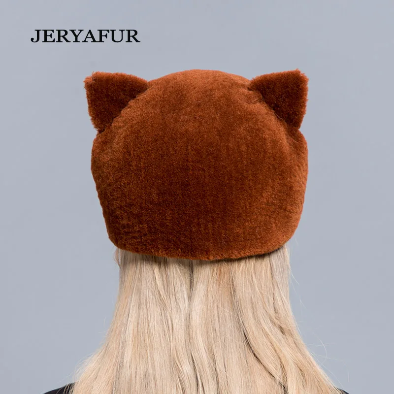 JERYAFUR/ горячая Распродажа, Новая меховая бейсболка с кошачьими ушками, Овечья меховая шапка, шерстяная женская шапка, милая Лыжная шапка из натурального меха, зимняя женская шапка