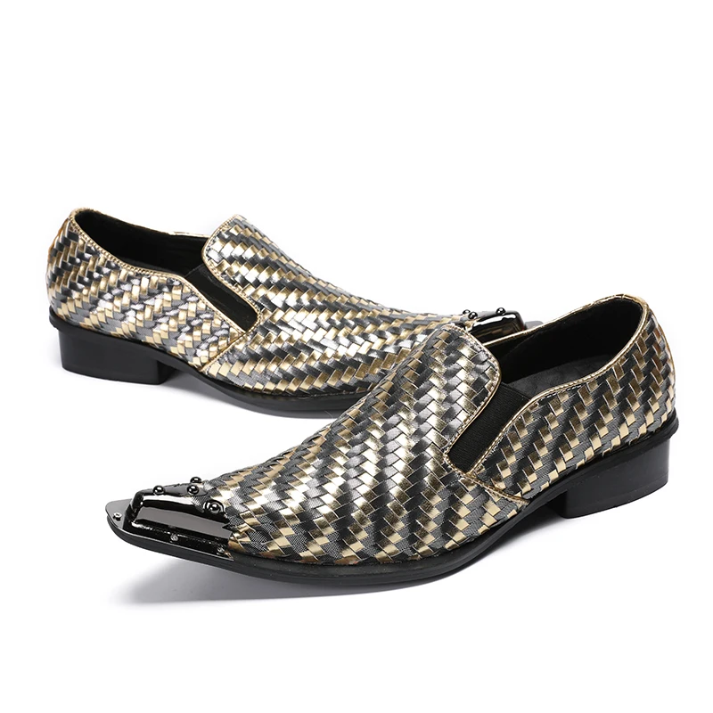 

Eunice Choo Mix Colors Woven Design Slip On Men Loafers Spring/Autumn Metal Pointed Toe Genuine Leather Dress Party Shoes