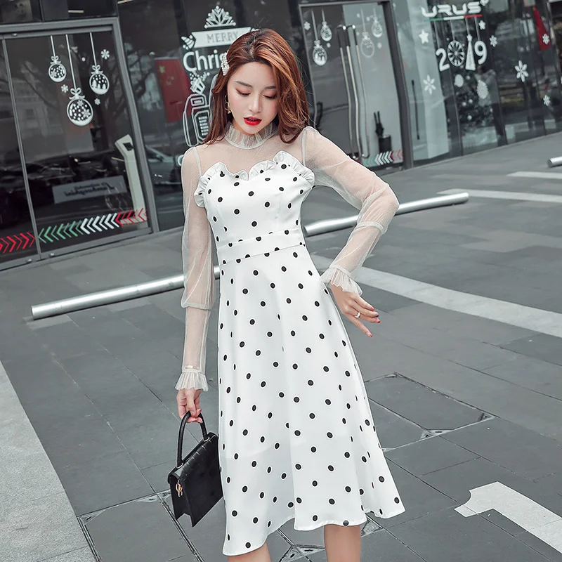 JIBAIYI Summer Transparent Mesh Midi Sexy Dress Women Petal Sleeve Elegant Black Dot Patchwork Sundress Ruffle Collar Vestidos JIBAIYI Summer Transparent Mesh Midi Sexy Dress Women Petal Sleeve Elegant Black Dot Patchwork Sundress Ruffle Collar Vestidos