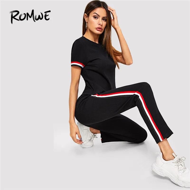 

Romwe Sport Black Striped Cuff Ribbed Knit Top And Pants Set Activewear Women Summer Exercise Two-Pieces Running Sets Sportswear