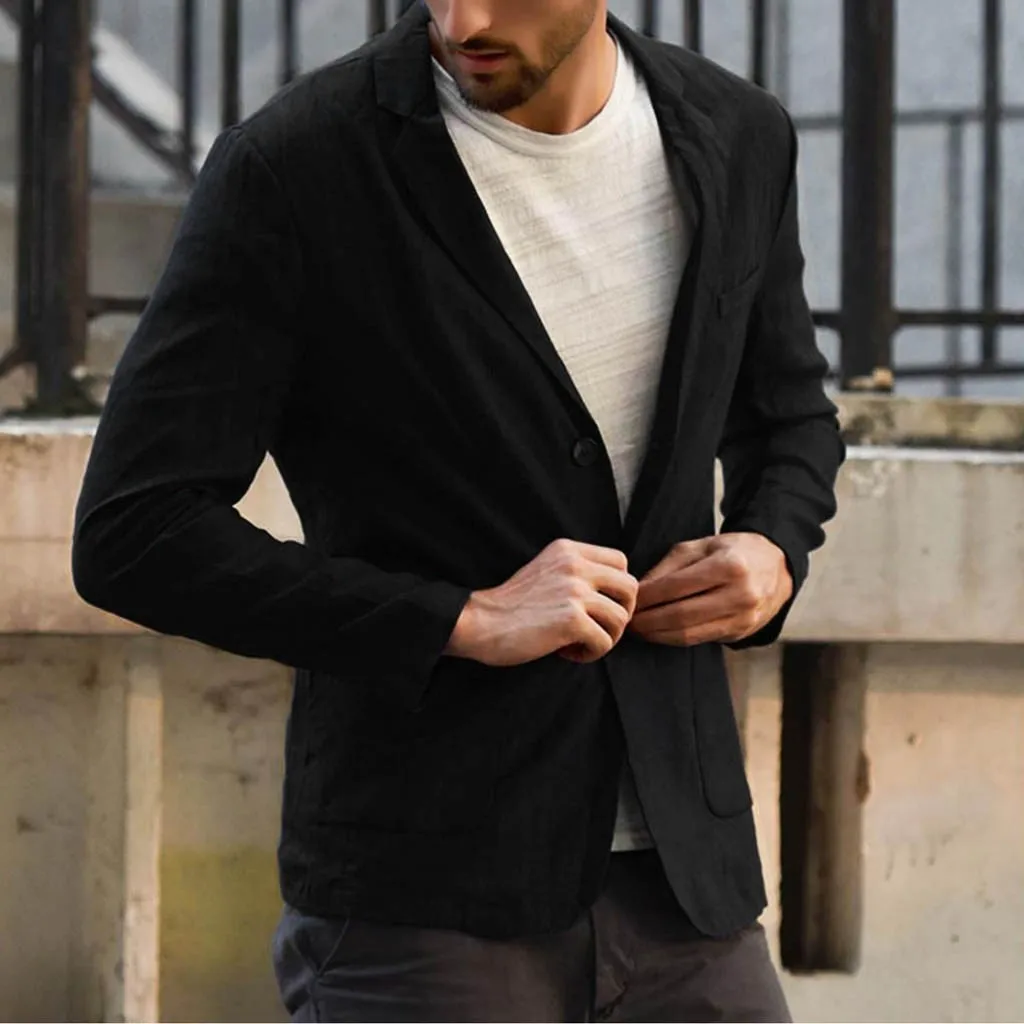 FREE OSTRICH Men's Blazer Slim Fit Linen Blend Pocket Solid Long Sleeve Suit Blazer Jacket Outwear casual jackets men blazer men