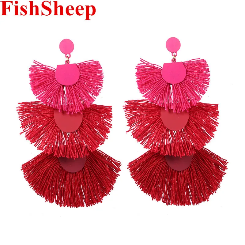 

FishSheep Bohemian Fan Shaped 3 Layered Tassel Earrings For Women Boho Big Semicircle Fringe Long Drop Earring Brincos 2019