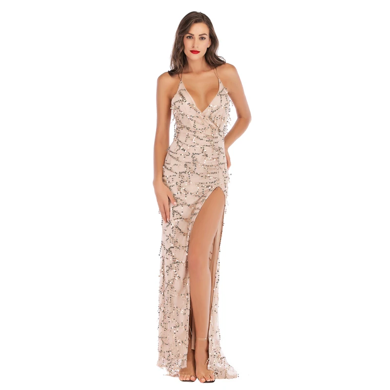 Beauty Garden Solid Sequined Dress Splitting Sexy Club Long Dress For Women Sleeveless V-Neck Floor-Length Dress Beauty Garden Solid Sequined Dress Splitting Sexy Club Long Dress For Women Sleeveless V-Neck Floor-Length Dress