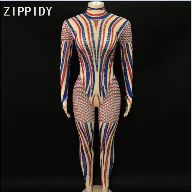 

Bright Blue Red Stones Mesh Jumpsuit Women's Birthday Outfit Diamonds Clothes Nightclub Bar DJ Women Singer Show Bodysuit