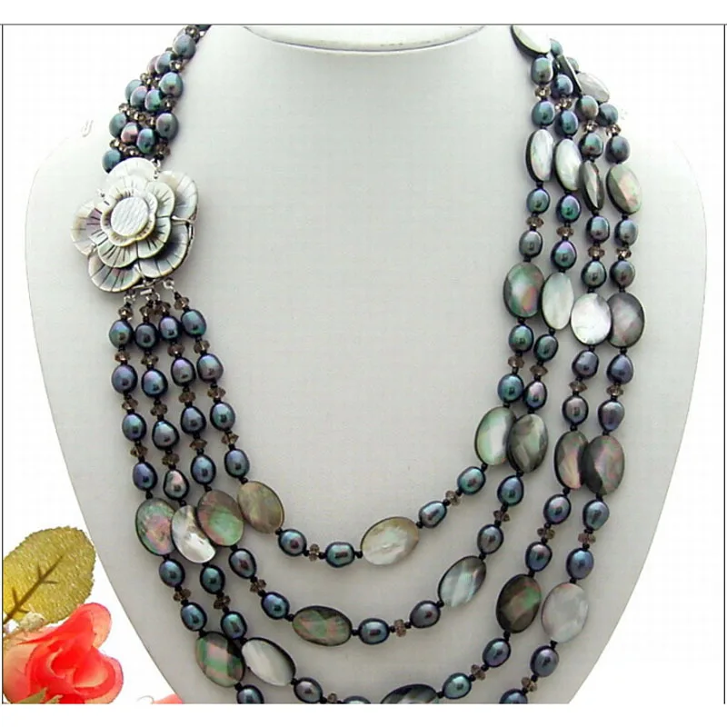 

Beautiful! 4Strands Black Pearl&Black Shell&Smoky Quartz Necklace-Cameo Clasp