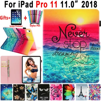 

Fashion Painted Leather Smart Auto Awake Cover Case for Apple iPad Pro 11 11.0 A1980 Coque Funda Shell + Screen Protector
