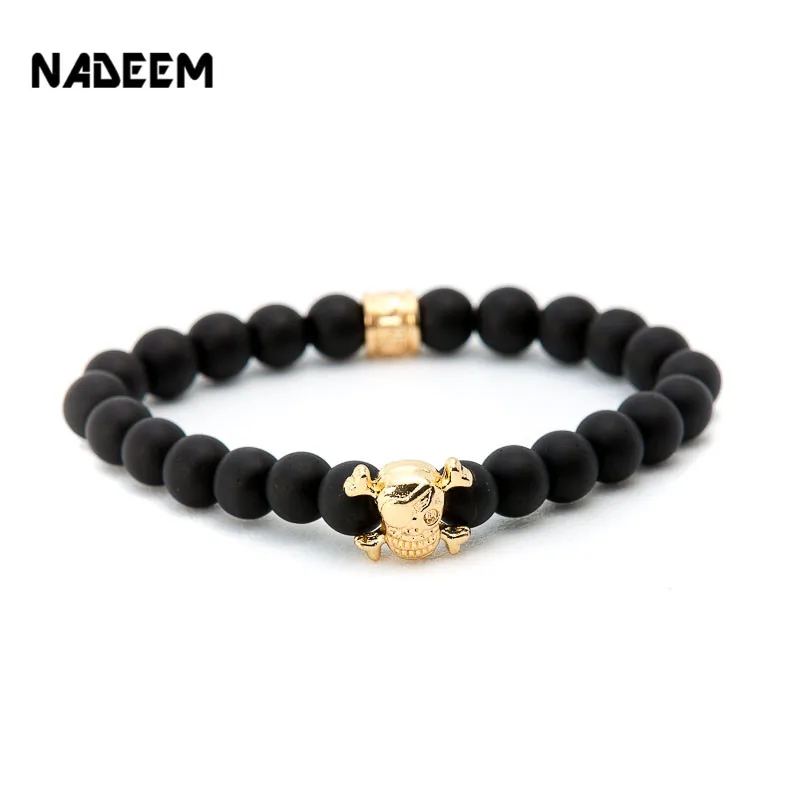 

NADEEM Drop Shipping 8MM Black Matte Onyx Stone Bead Bracelet Women Men's Caribbean Pirate Skull Charm Bead Bracelet Jewelry