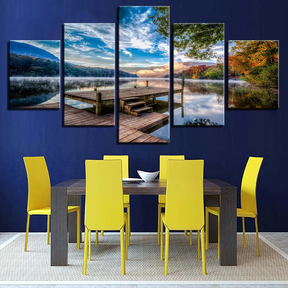 

Canvas HD Prints Poster Home Decor Framework Pictures 5 Pieces Forest Bridge Stand Lake Early Morning Scenery Paintings Wall Art