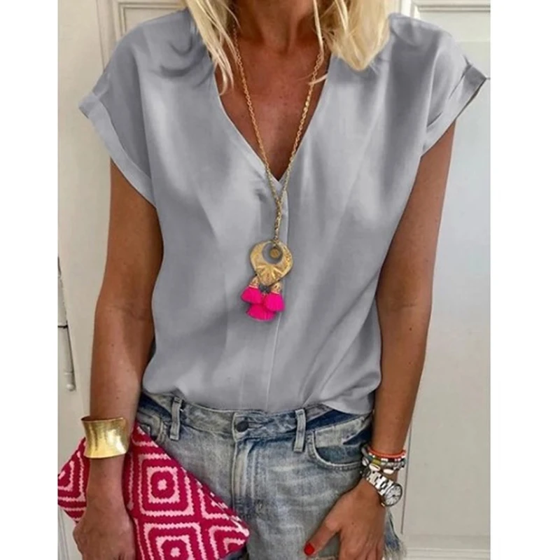 

Summer Women Tops Short Sleeve Blouse Chiffon Solid Color V-neck Loose Ladies Blouse Feminine Blouse New