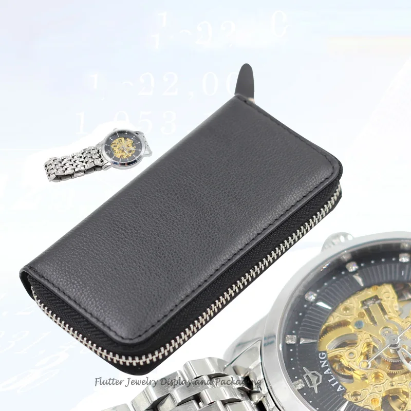 

High Quality Genuine Leather Protable Black Watch Storage Box Ziplock Bag Watch Case Leather Purse Travel Jewelry Handbag