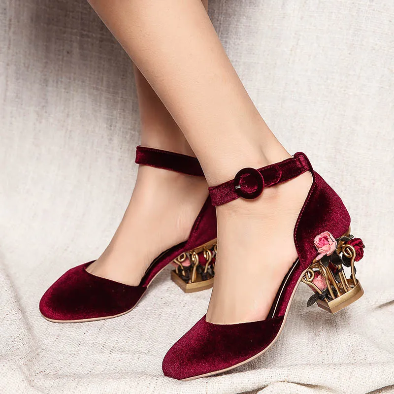 Pink Velvet Women Round Toe Pumps 