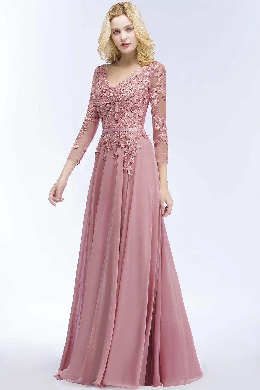 Gorgeous Three Quarter Sleeve Pink Lace Evening Dress Long Sexy V Back Evening Gowns with Sashes Robe de Soiree Longue