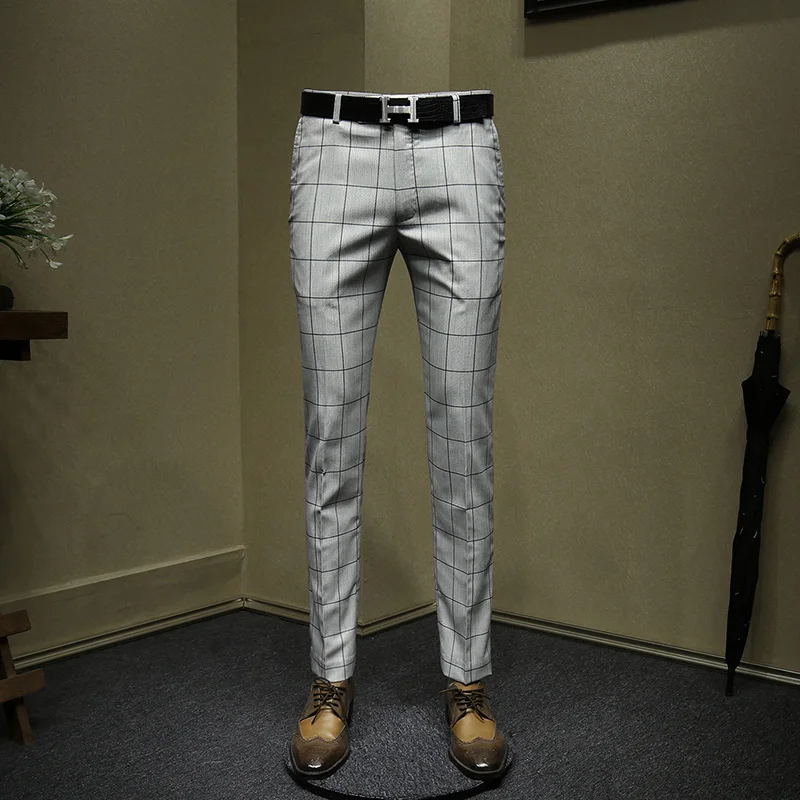 Pantalones de vestir para hombre, pantalón largo informal, ajustado, a  cuadros, color gris claro, estilo coreano, para Primavera, recién llegados,  ropa de negocios para novio y boda|Pantalones de traje| - AliExpress