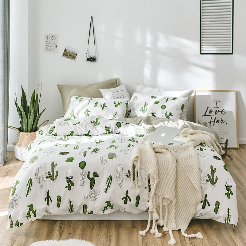 

2018 Green Cactus Bedding Set Cotton Twin Queen King Size 3/4Pc Duvet Cover Flat Sheet/Fitted Sheet Pillow Cases