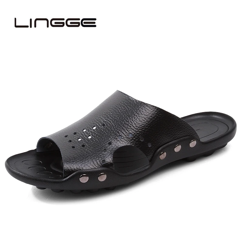 

LINGGE Men's Slippers Leather Beach Sandals Men Slides Fashion Sandalias Hombre Shoes Hot Summer Style Plus Size 36-47