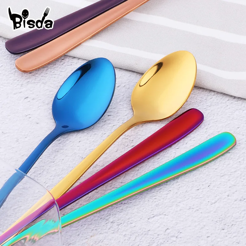 Long Handle Ice Spoons Stainless Steel Dessert Spoon Colorful Stirring Honey Tools Drinkware Coffee Party Restaurant 2Pcs stainless steel spoon