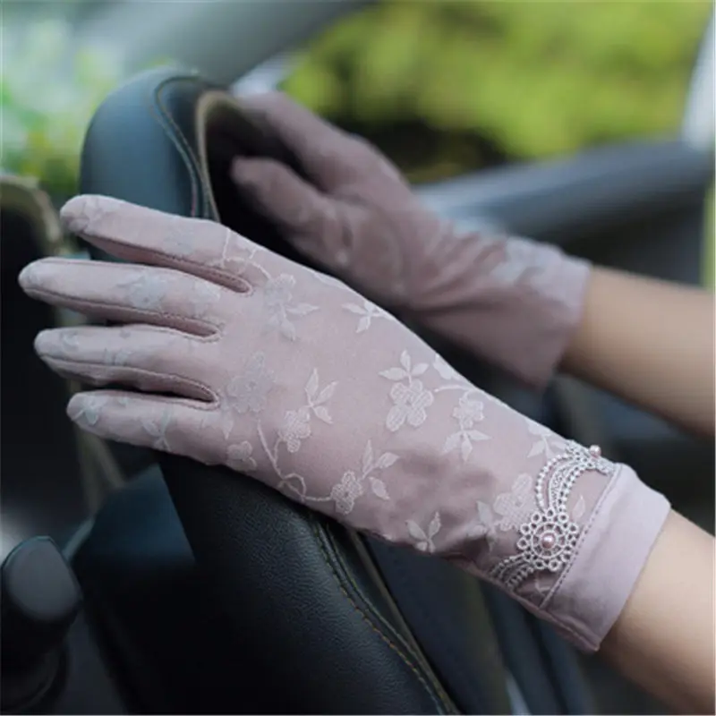 Летние солнцезащитные перчатки женские тонкие для вождения Нескользящие УФ-защита короткие стильные кружевные шелковые женские варежки FS01 - Цвет: deep purple Double