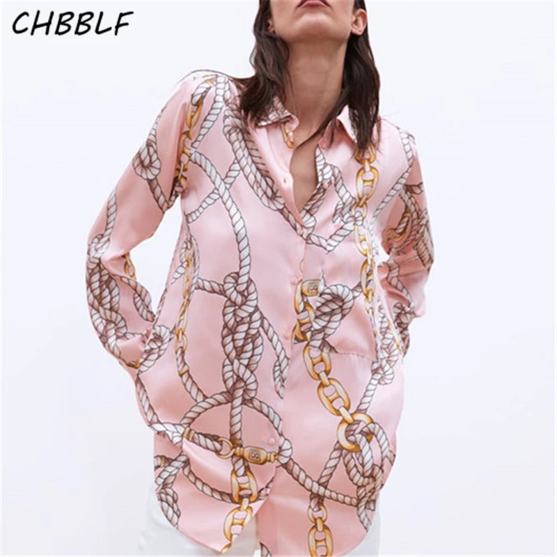 

CHBBLF women stylish chain print loose blouse long sleeve vintage turn down collar shirts female yellow tops WDL9007