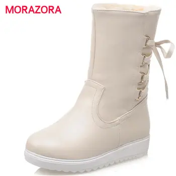 

MORAZORA 2018 new autumn winter plush ankle boots for women metal decoration Flat boots round toe med heel lace up snow boots