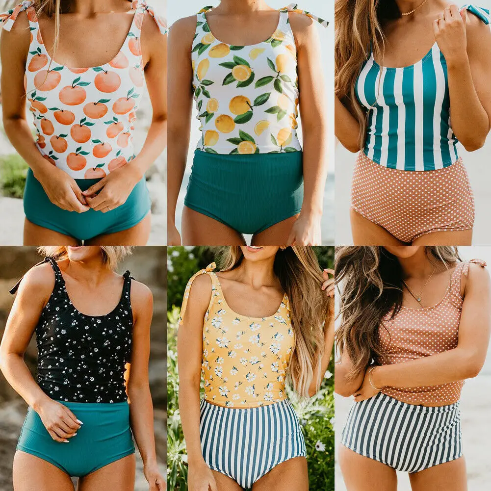 

Women Adjusted Sling Fruit Print Striped Top High Waist Bottoms Bikini Set Swimsuit Ladies Bathing Suit Swimwear Beachwear