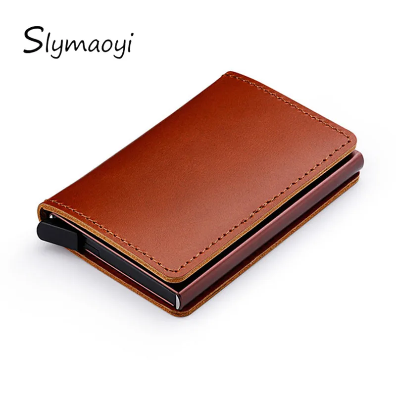 

Slymaoyi 2019 RFID Genuine Leather Credit Card Holder Aluminum Metal Business ID Cardholder Slim Card Case Mini Wallet for Men