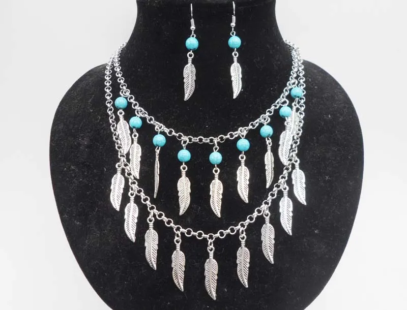 Vintage Silver Jewelry Sets Turquoise Stone Feather Tassels Pendant Two Layers Statement Necklace Earrings Sets For Women
