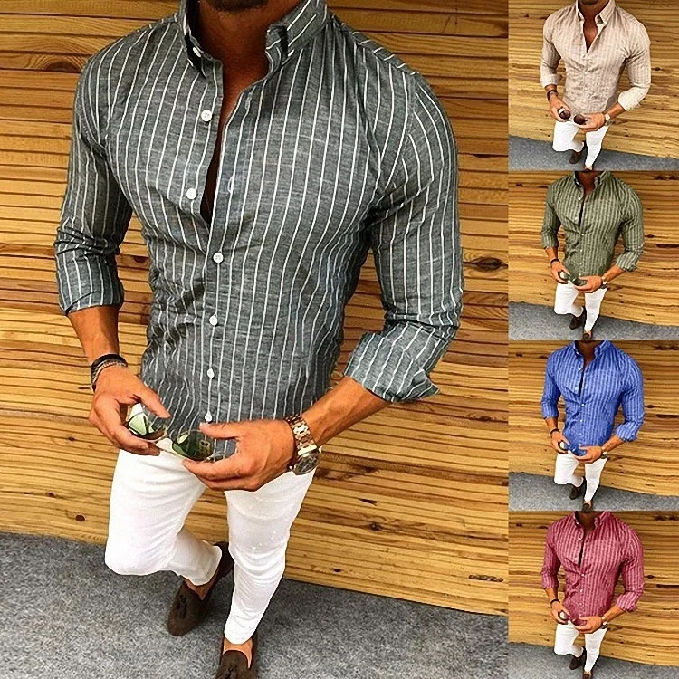 

ZOGAA 2019 New Style Hot Fashion Men's Slim Fit V Neck Long Sleeve Casual Tops Vertical Stripe Button Two Kind of Wear Hot Sale