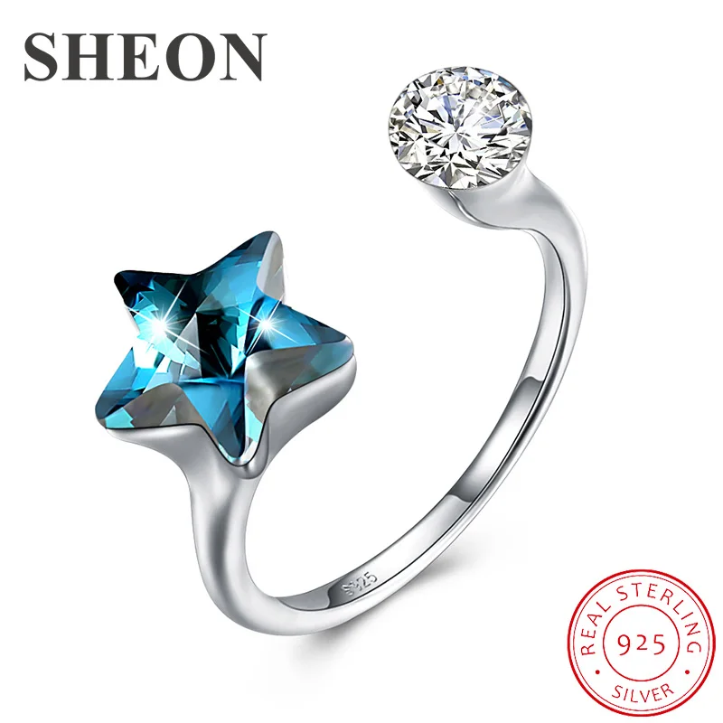 

SHEON Luxury Star Crystal Rings 925 sterling silver Open Adjustable Finger Ring for Women Fine Jewelry New Arrival 2 Colors