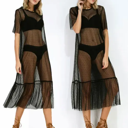 

US Womens Mesh Long Maxi Dress Short Sleeve Evening Party Summer Beach Sundress Size S-XL