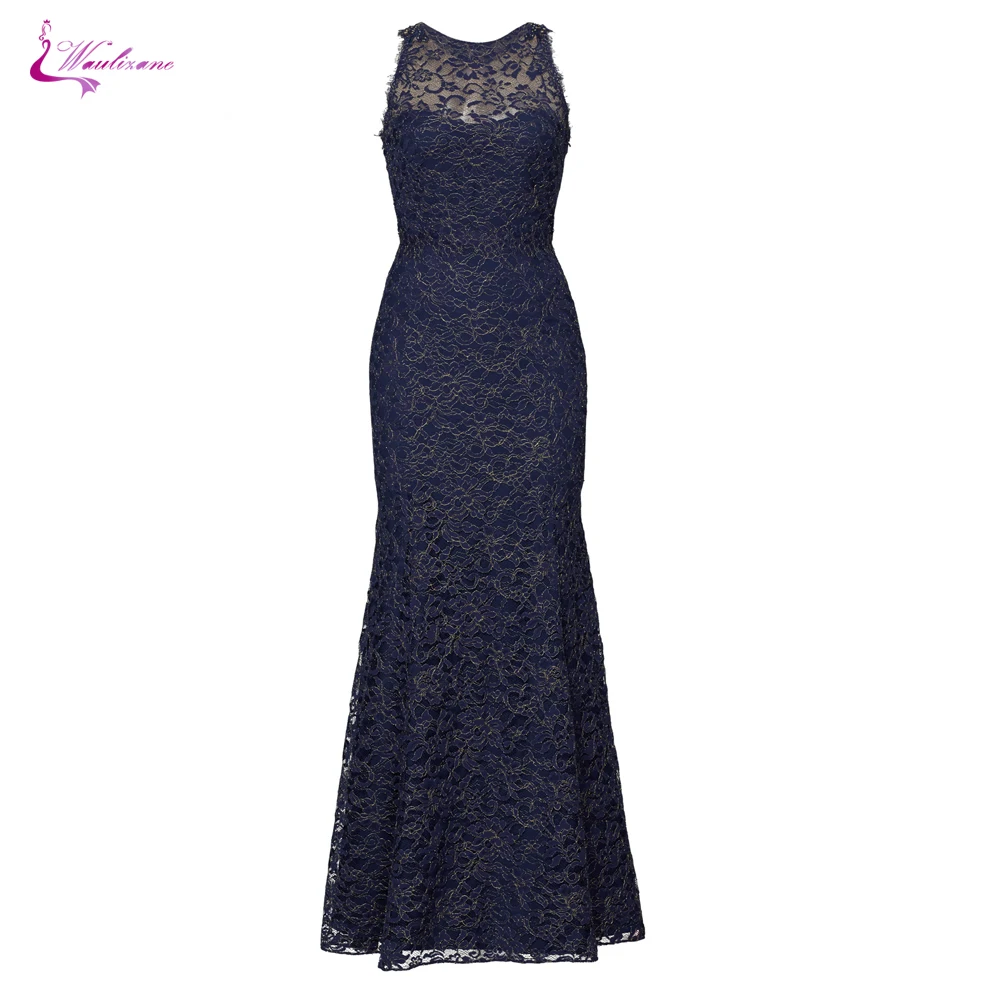 Mãe da Noiva Waulizane Vintage Profundo Azul Renda Vestidos Scalloped Decote Bainha Formais