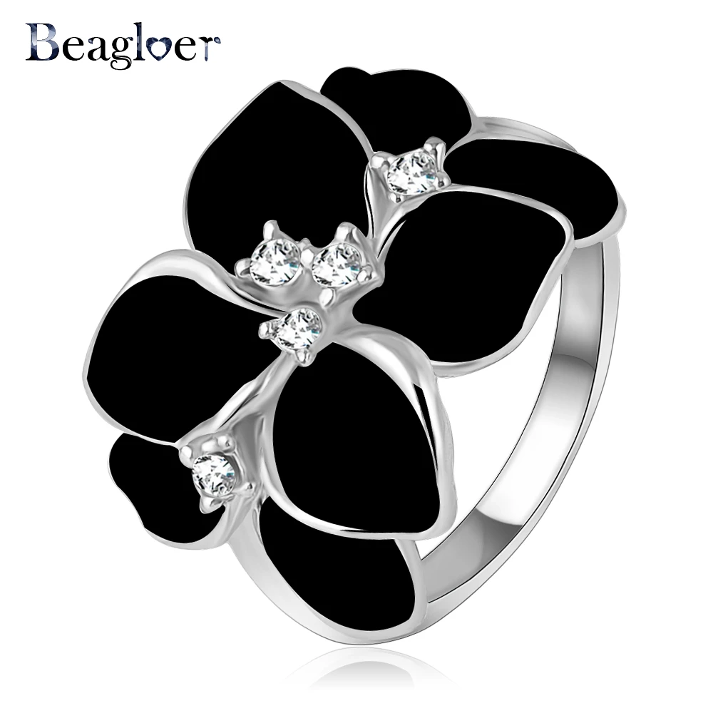 Beagloer Hotting Sale Jewelry Ring With Rose Gold Color Austrian Crystal Black Enamel Flower/Wedding Ring For Women Ri-HQ1006