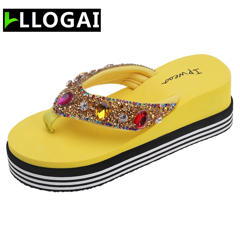 

Sequined Crystal Ladies Flip Flops Peep Toe Slingback Wedges Shoes for Women High Heels Summer Wedge Sandals Ladies Slippers New