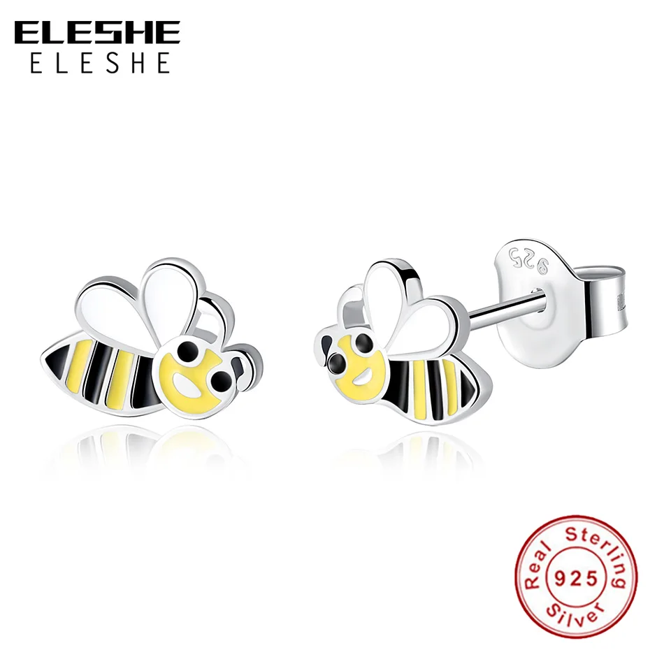 ELESHE 2019 New Simple 925 Sterling Silver Yellow Enamel Insect Honey Bee Small Stud Earrings for Women Girls Fashion Jewelry