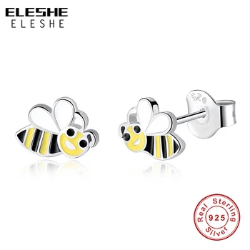 

ELESHE 2019 New Simple 925 Sterling Silver Yellow Enamel Insect Honey Bee Small Stud Earrings for Women Girls Fashion Jewelry