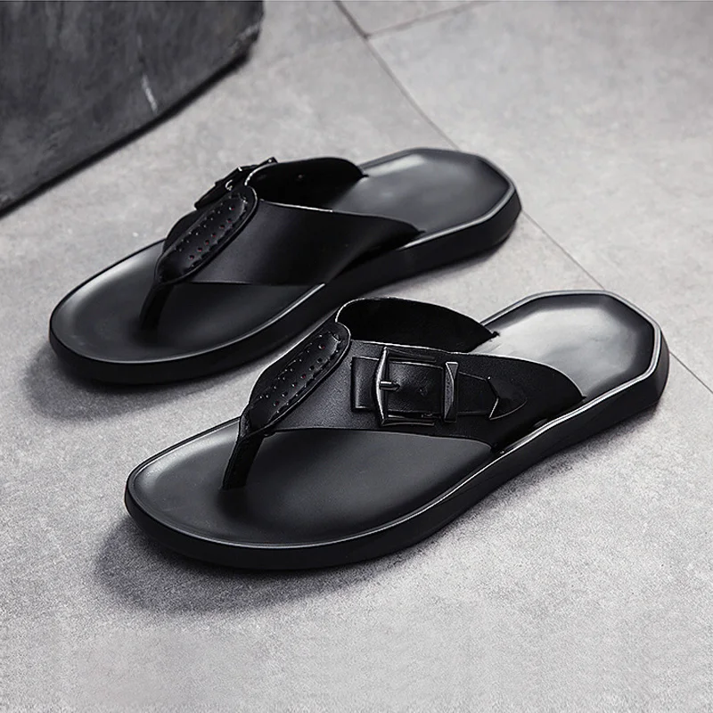 

Genuine Leather Beach Sandals Men Summer Shoes 2019 Black Holiday Sandals Flip Flops Soft Leather Men Casual Shoes KA1566