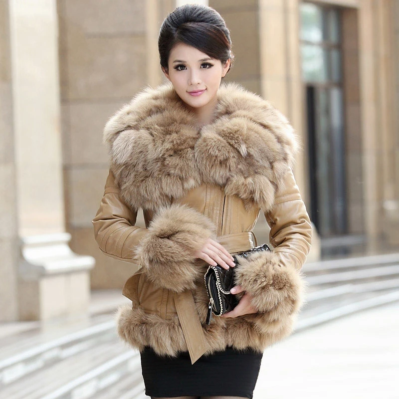 

Real Fox Fur Collar 2019 Winter Women Real Sheepskin Leather White Duck Down Jackets Belt Short Slim Genuine Leather Coats W1769