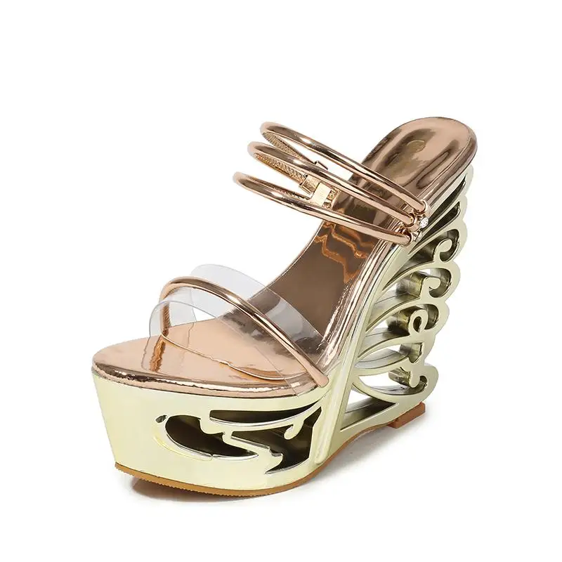 Летние женские босоножки на высоком каблуке 15 см; модная прозрачная обувь из ПВХ золотистого цвета на платформе - Цвет: Золотой