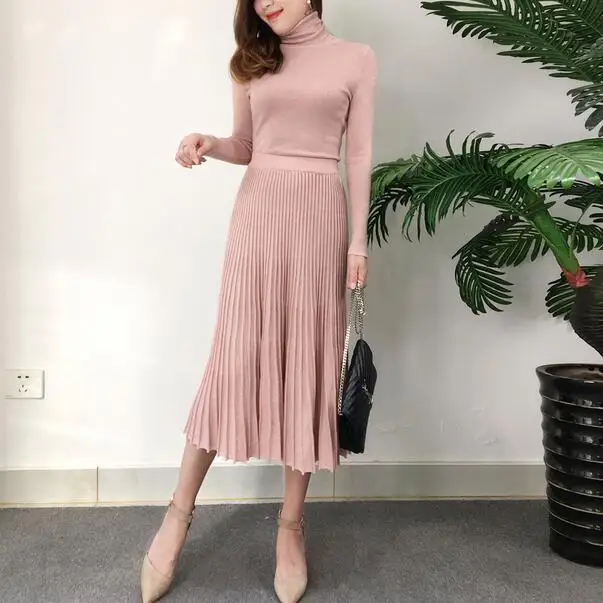 

woman Skirts knitted Suit winter turtleneck knitting sweater long sleeve pullover + pleated skirt Two-piece suit Sets DC802