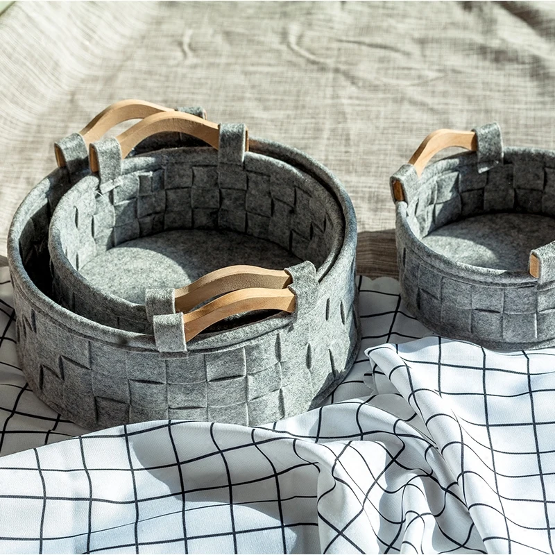 Newly Handmade Round Felt Desktop Laundry Basket Home Office 1pcs Portable Toy Snack Storage Basket Cosmetics Underwear Baskets