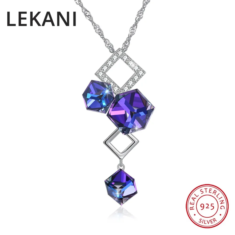 LEKANI Crystals From SWAROVSKI Purple Square Bead Pendant Necklace Chic 925 Sterling Silver Chain Collar For Women Fine Jewelry LEKANI Crystals From SWAROVSKI Purple Square Bead Pendant Necklace Chic 925 Sterling Silver Chain Collar For Women Fine Jewelry