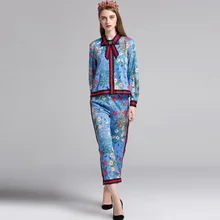 

Fashion Summer Women's Vintage Floral Printed 2 Piece Sets Blue Top with Bow+Ankle-Length Trousers Soft Casual Loose Pants Suits