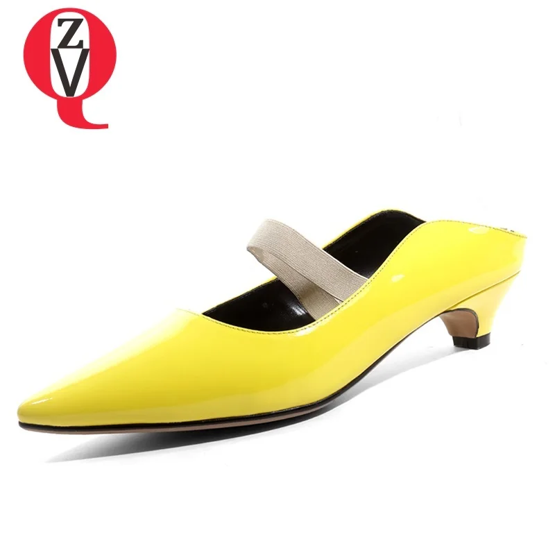 

ZVQ 2019 summer new fashion sexy pointed toe patent leather outside med thin heels woman slippers shallow plus size ladies shoes
