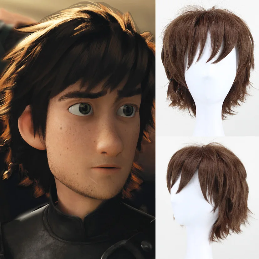 Peruca de Cabelo Trajes com Tampão de Cabelo Como Treinar Dragão Homens Soluço Cosplay Curto Castanho Peruca Livre Seu 2