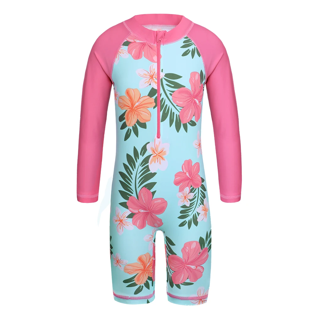 BAOHULU Cyan Floral Long Sleeve Girls Swimwear One Piece Children