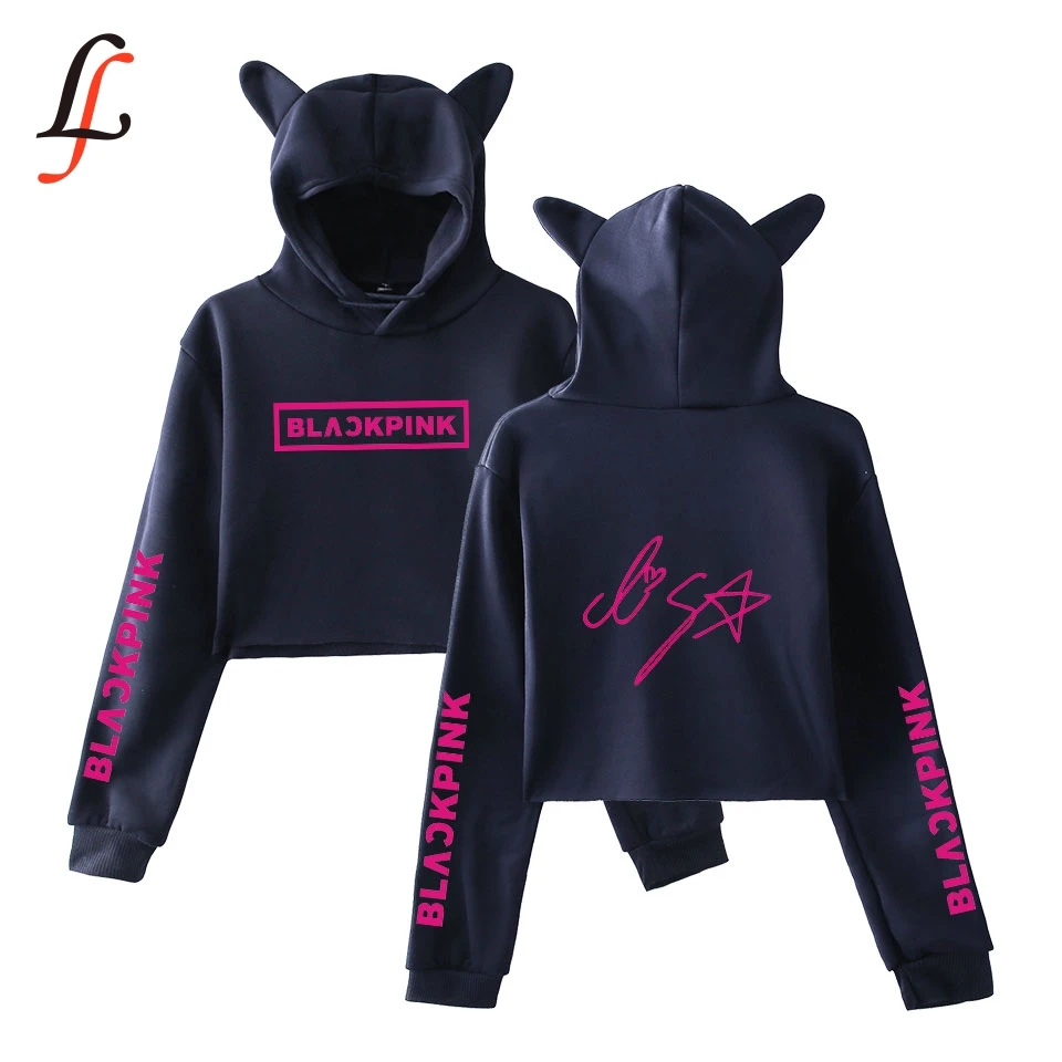 Blackpink harajuku Cat Ear Cap Hoodies fashion trend sala Cat Crop Top Women Hoodies Sweatshirt Sexy hot Kpop Clothes